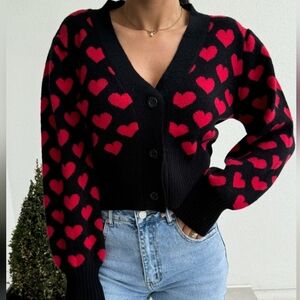 Valentine's Day Heart V-Neck Cropped Cardigan | 100% Acrylic Knit Top